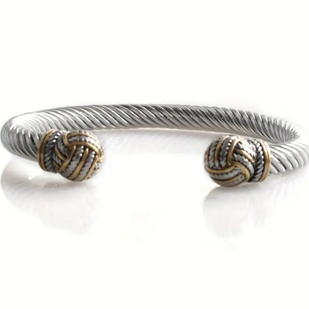 Sterling Silver Twisted Cable Cuff Bracelet with Gold-Tone Knot Ends